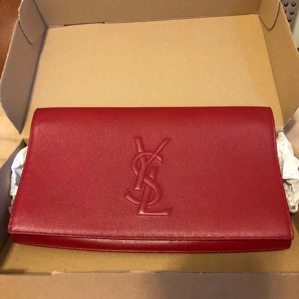 YSL Belle de Jour Large Red Leather Clutch Embossed Logo
